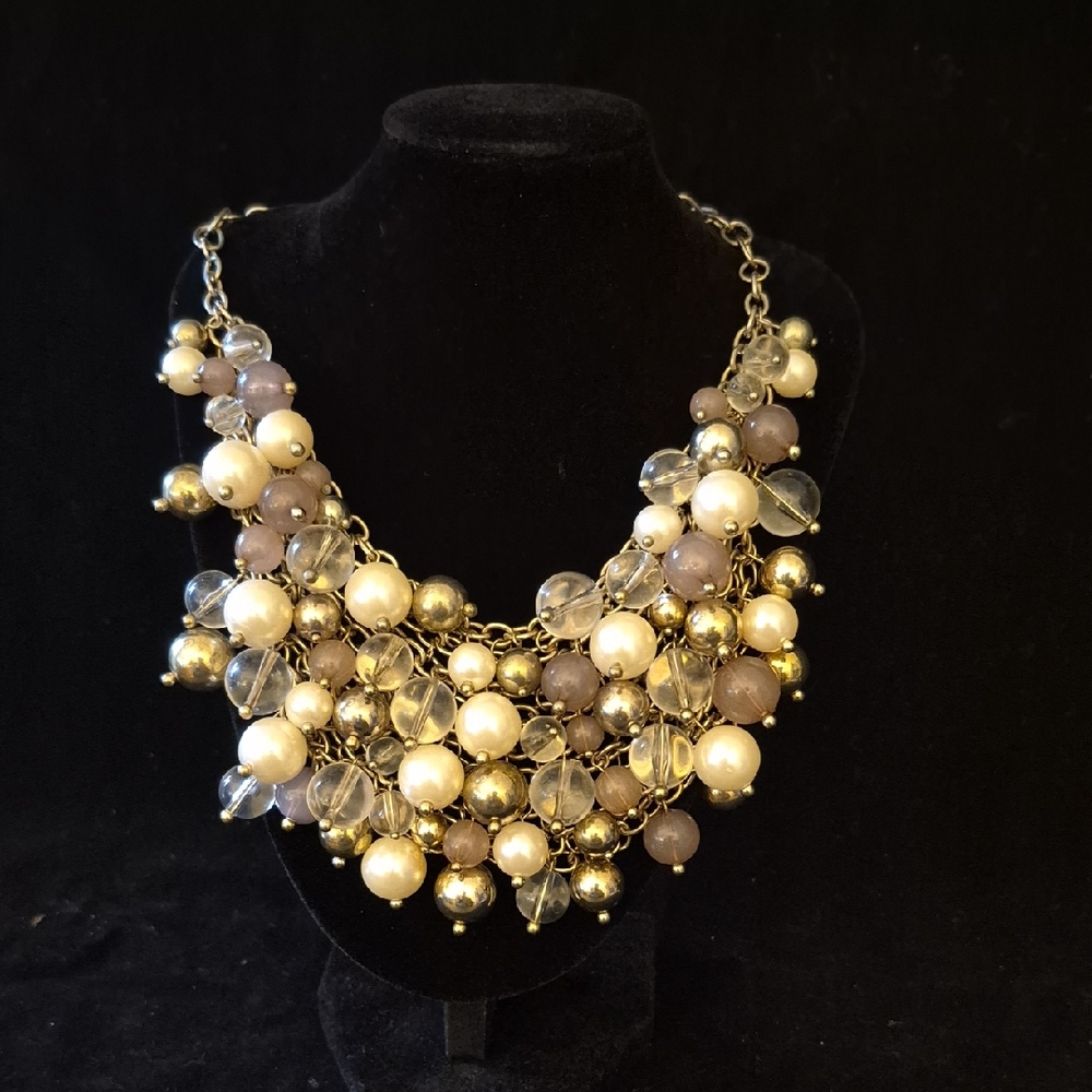 VLCM Multi‑Strand Statement Necklace – Gold, Pearl & Smoky Beads